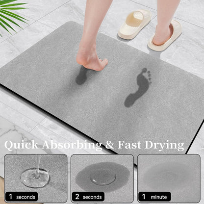 Bath Mat Rugs 32x17 - Diatomaceous Earth Bath Mat Quick Dry Absorbing Bathroom Rugs Rubber Non Slip Thin Bathroom Mat Fit Under Door, Bath Mat for Bathroom Floor, Tub and Shower, Sink, Grey