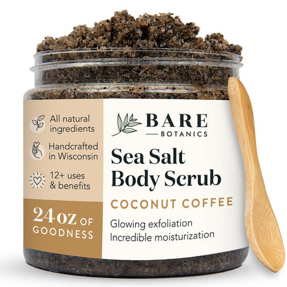 Bare Botanics Coconut Coffee Body Scrub 24oz | Made in Madison, WI | All Natural Sea Salt Exfoliator w/ Skin Loving Moisturizers | Vegan & Cruelty Free | Gift Ready Packaging w/ a Cute Wooden Spoon
