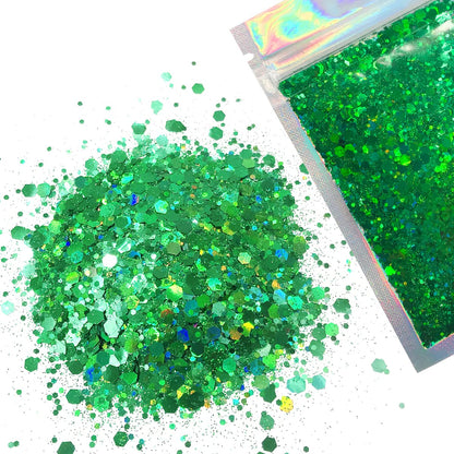 Green Body Glitter - 15g Chunky Holographic Face, Hair, Eye & Body Glitter Set for Women. Rave & Festival Accessories