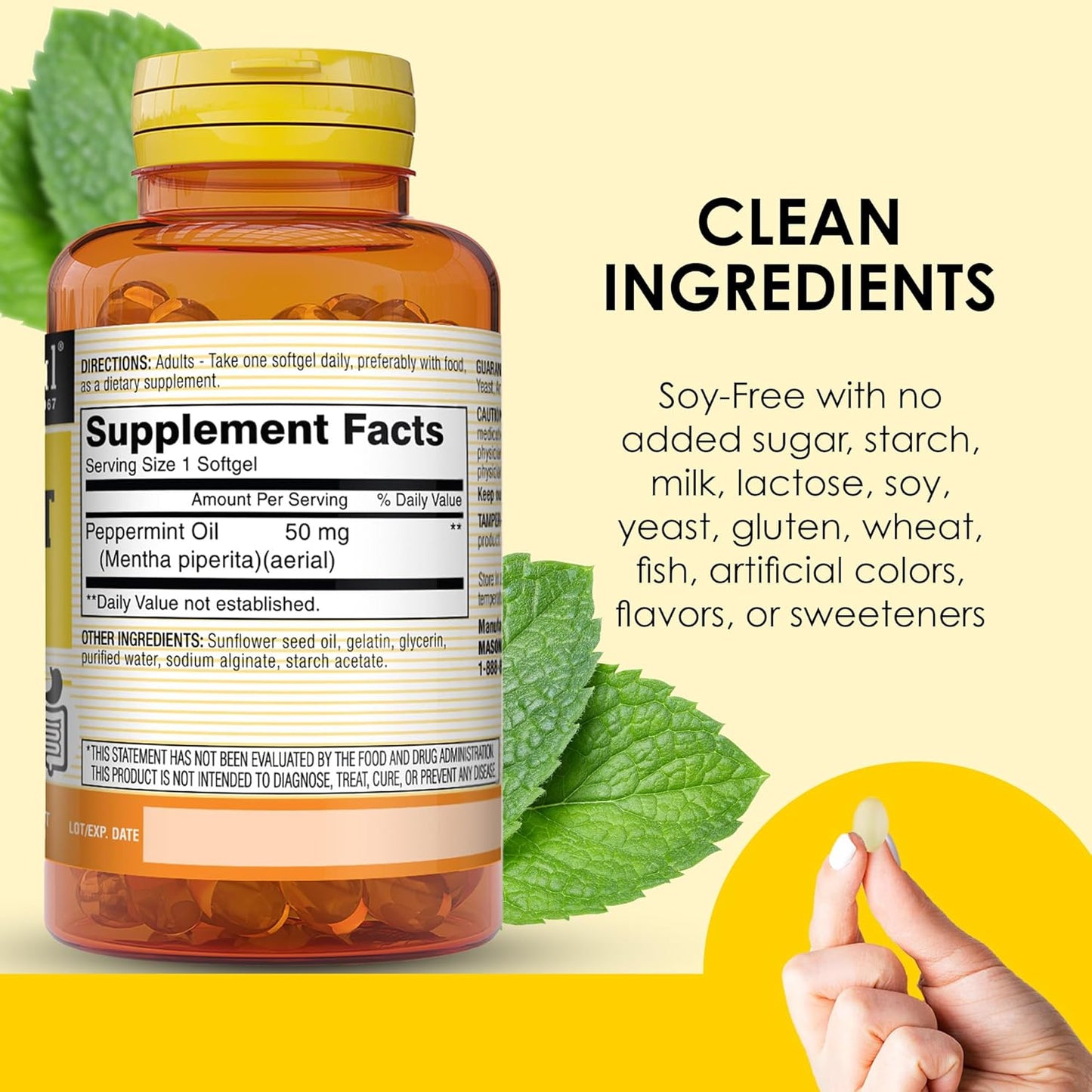 MASON NATURAL Peppermint Oil 50 mg Enteric Coated Supplement, 270 Day Supply of Gastrointestinal Support for Normally Functioning Bowel, Softgel Pills