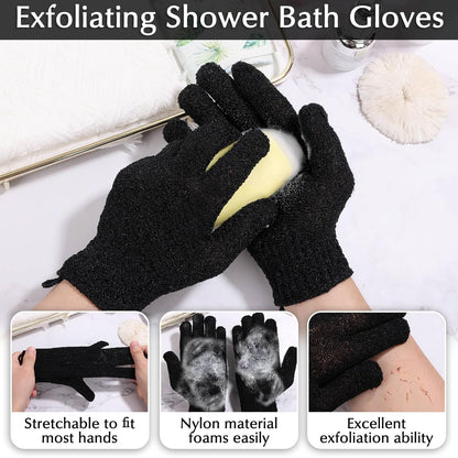 Anezus Exfoliating Back Scrubber Bath Gloves Set, Exfoliating Shower Towel with Shower Gloves for Body Scrub, Back Cleaner Wash Gloves to Remove Dead Skin (Black)
