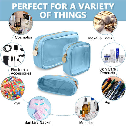 Clear Small Makeup Bag with Zipper, Nylon&PVC Cosmetic Travel Bag Preppy TSA Approved Toiletry Bag for Women Girls, Transparent Waterproof Makeup Pouches Cute Travel Bag for Purse(Small-Blue)