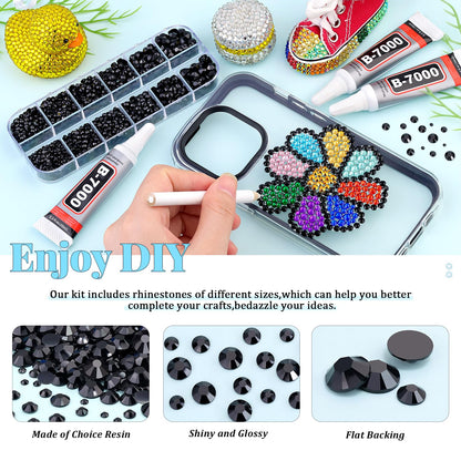 6000Pcs Resin Rhinestones for Bedazzling with 3Pcs B7000 Jewelry Glue, 1 Box Black Flatback Rhinestones for Crafting Crafts DIY, Crystals Gems for Clothing Shoes Tumblers Nail Art Makeup