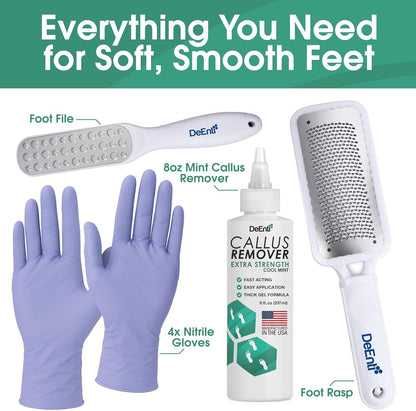 DeEnti Callus Maintenance Pack, Bundle Includes Mint Scented Callus Remover, Metal Foot Rasp, Foot File, and 4 Pairs of Gloves, Salon Grade Foot Care, Home Manicure and Pedicure Kit
