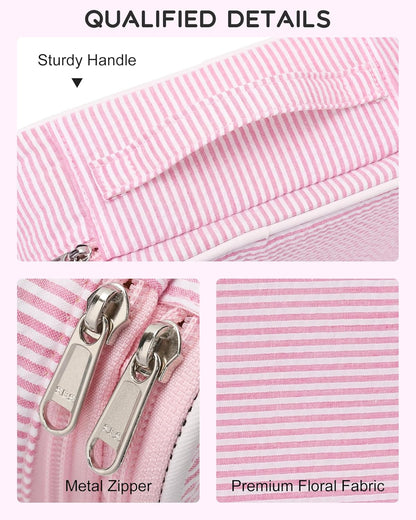 Relavel Cute Makeup Bag for Girls, Portable Pink Cosmetic Bag, Dual-layer Makeup Pouch with Brush Holder, Multi-Functional Preppy Toiletry Organizer for Travel, Daily Use - Pink Strip