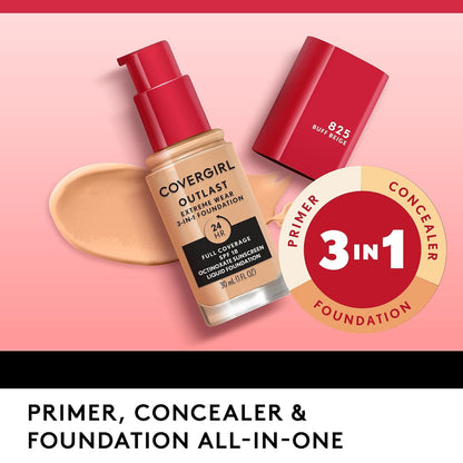 Covergirl Outlast Extreme Wear 3-in-1 Full Coverage Liquid Foundation, SPF 18 Sunscreen, Natural Beige, 1 Fl. Oz.