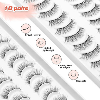 Eyelashes Natural Cat Eye Lashes False Eyelashes Wispy Lashes C Curl Flared Eye Lashes Pack Cat Eyelashes Soft Strip Lashes 12mm Lash Strips Siligli 10 Pair