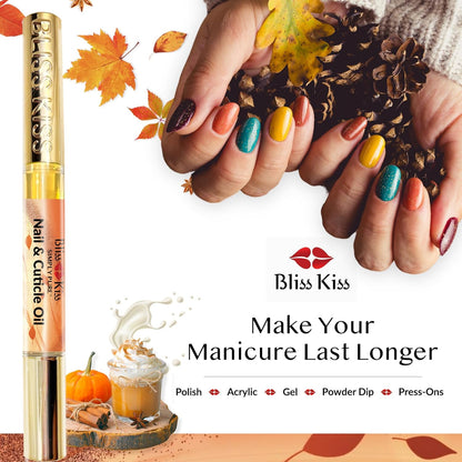 Bliss Kiss | 4 Pumpkin Spice Latte Scent Nail | Oil Cuticle Pen w/Vitamin E & Jojoba⏤Nail Strengthener Nail Growth Serum for Brittle Peeling Breaking Thin Nails