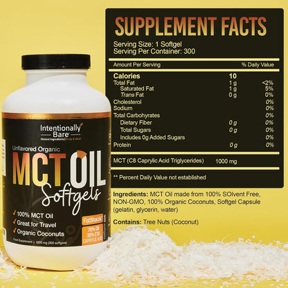 Intentionally Bare Organic MCT Oil Capsules - 70% C8 MCT Oil & 30% C10 MCT Capsules Unflavored for Keto Low Carb and Paleo Diet - Coconut C8 & C10 for Energy Mood & Focus - Non-GMO 300 Soft Gels