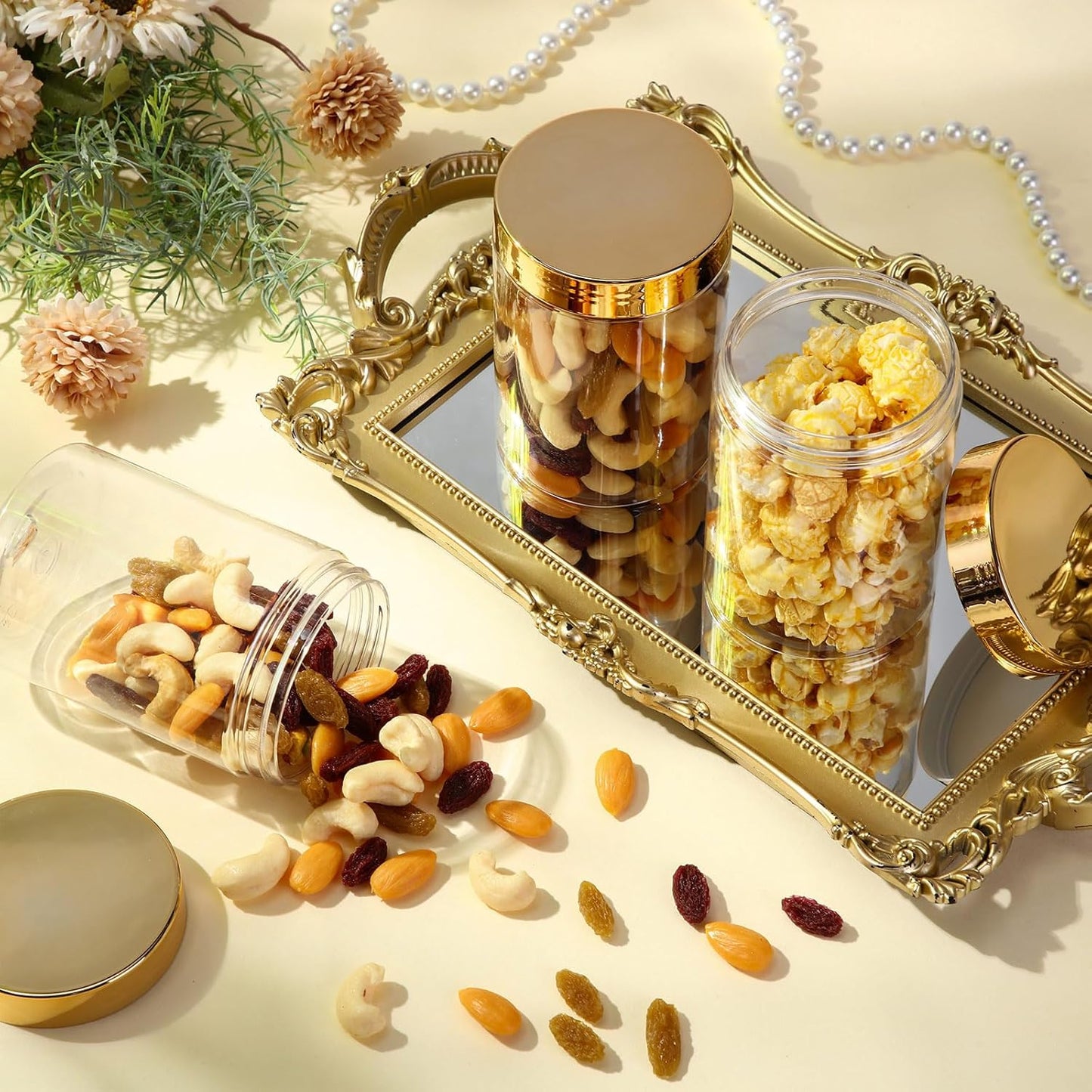 SATINIOR 100 Pcs Plastic Jars with Lids Small Containers Lids Wide Mouth Small Plastic Containers for Lotion Cream Rhinestones Body Butters Travel Storage(10 oz,Gold)