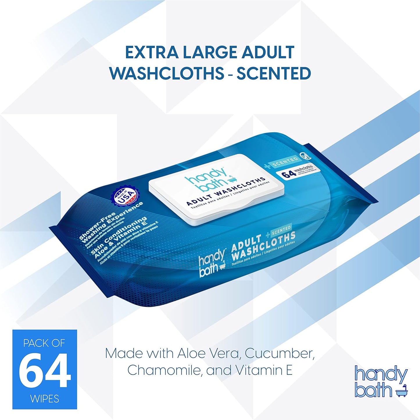 Handybath Adult Washcloths Scented, Extra Large Cleaning Wipes with Aloe Vera & Chamomile, 64 Wipes - Senior Care, Outdoor Activities, Travel Essentials