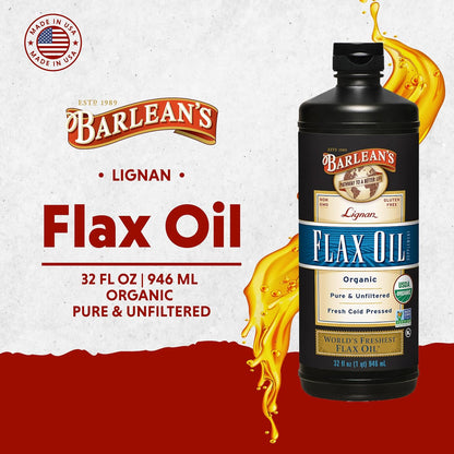 Barlean's Organic Lignan Omega 3 Flaxseed Oil Liquid Supplement for Men and Women, Cold Press Flax Seeds, 7230mg ALA Fatty Acid, Vegan and Gluten Free, 32 oz