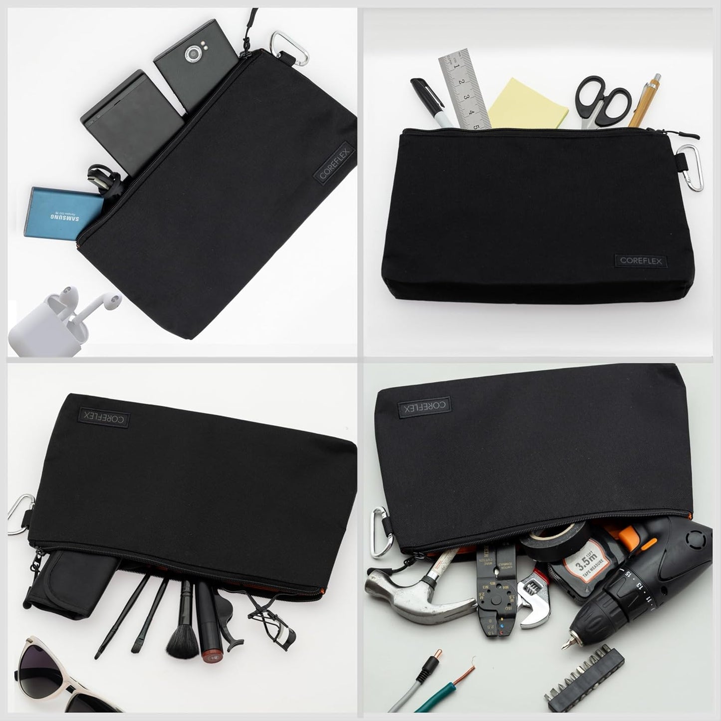 COREFLEX Premium Tool Pouch Zipper Bag, Small Tool Bag, Multipurpose Storage pouch, Heavy duty Flat Bottom Tool bag with YKK Zipper (6 pack Large 12inch Black)