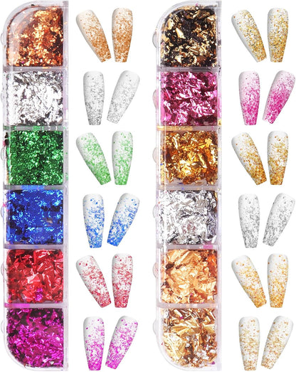 12 Grids Nail Art Foil Flake Glitter 3D Glitter Decoration Acrylic Nail Art Supplies Sequin Flakes Glitters Sticker Decoration Kit for Women Manicure Face Body DIY Decoration