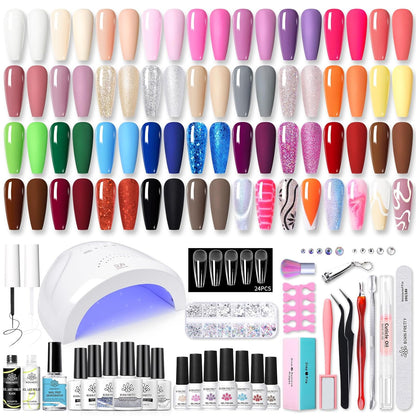 BORN PRETTY 77PCS Gel Nail Polish Starter Kit With U V/LED kit for Beginners 48W 32Colors Nude Pink Cat Magnetic Eyes Glitter Set Reflective Base Top Coat Liner Art Manicure Ideal Gifts