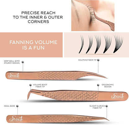 SIVOTE Eyelash Extension Tweezers Fiber Tips, Set of 6, Curved, Dolphin, 90 Degree 45 Degree, Volume Boot & Slight Curved Tweezer, Rose Gold