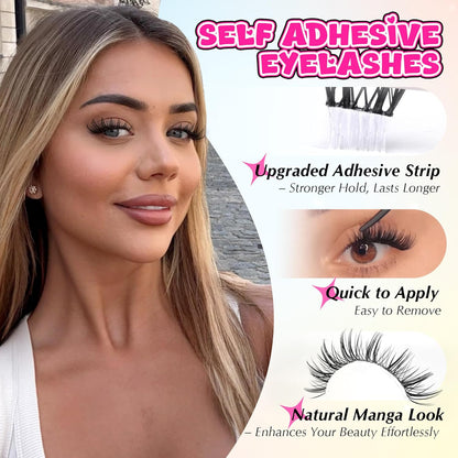 Self Adhesive Eyelashes Manga Self Adhesive Lash Clusters Natural Pre Glued Eyelashes Clusters Wispy Press on Lashes No Glue Needed C Curl Cluster Eyelash Extensions Reusable 10-16mm