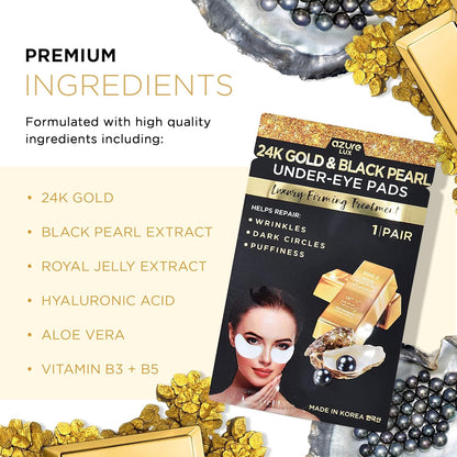 AZURE 24K Gold & Black Pearl Luxury Firming Under Eye Pads - Moisturizing & Restoring Eye Mask Patches - Reduces Fine Lines, Wrinkles, Dark Circles & Puffiness - Skin Care Made in Korea - 5 Pairs