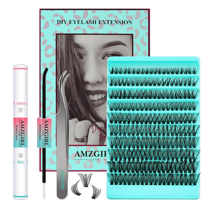 Lash Clusters Kit 200PCS 50D Eyelash Extension Kit D Curl Wispy Eyelash Clusters DIY Natural Individual Lashes Kits Lashes Extensions Kit with Lash Bond and Remover Eyelash Tweezer at Home（White Bond）
