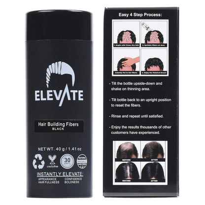 ELEVATE Hair Fibers for Thinning Hair Large Size 40g Bottle - 100% Natural Undetectable Keratin Fibers to Instantly Fill in Thinning Balding Loss Area Fuller in 30 Seconds Men & Women (Black)