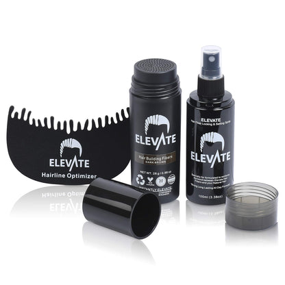 Elevate Hair Building Fibers 3-in-1 Kit for Thinning Hair (Dark Brown) Keratin Hair Thickening Powder with Fiber Lock Spray & Hairline Optimizer Comb - Instant Concealer Applicator for Men & Women