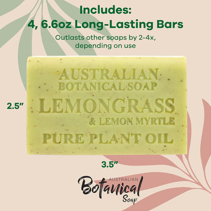 Australian Botanical Soap Lemongrass and Lemon Myrtle 6.6 oz Luxury Soap Bars Enriched with Shea Butter, Pack of 4