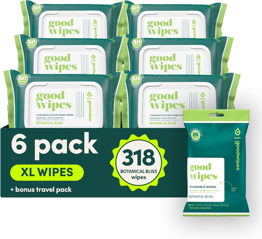goodwipes Flushable Butt Wipes - Vitamin E & Aloe - Sewer & Septic Safe - Extra Large Adult Wet Wipes For Women & Men - Bathroom Essentials - Botanical Bliss, 318 Count (6 Packs + 1 Travel)
