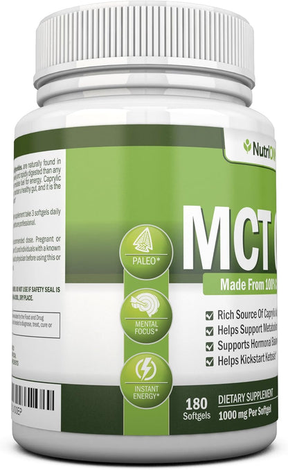 MCT Oil - 3000mg Per Serving - 180 Softgels - Made from 100% Organic Coconuts - Non GMO, Cold Pressed, Paleo Friendly Capsules - Great for Focus & Gut Health