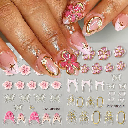 6 Sheets Flower Nail Art Stickers 5D Self-Adhesive Nails Sticker Floral Butterfly Nail Art Decals Holographic Decal Decoration for Women Golden Bow Manicure Stickers DIY Nail Sticker Supplies