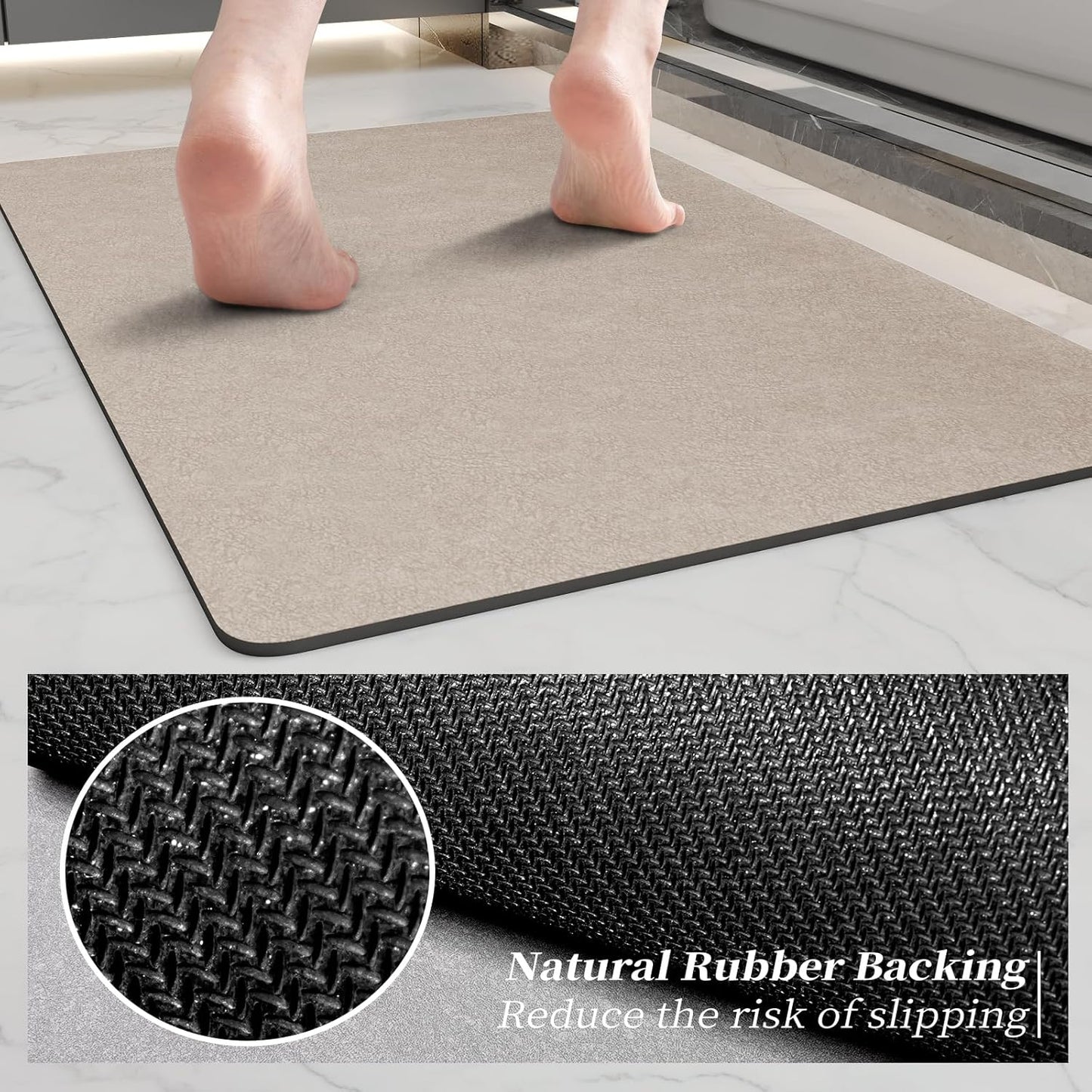 Bath Mat Rugs 24x17 - Diatomaceous Earth Bath Mat Quick Dry Absorbing Bathroom Rugs Rubber Non Slip Thin Bathroom Mat Fit Under Door, Bath Mats for Bathroom Floor, Tub and Shower, Sink, Taupe