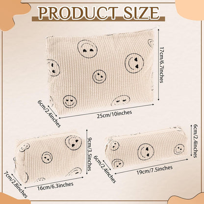 3 Pcs Makeup Bag Set for Women Corduroy Cosmetic Pouch Aesthetic Smile Travel Toiletry Bag Cute Purse Pouch Pencil Case Makeup Brushes Storage Organizer for Christmas(Beige,Smile Face)