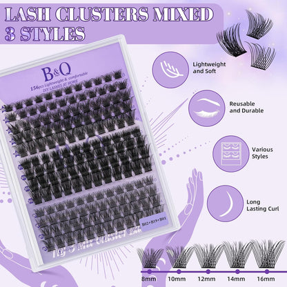 B&Qaugen Lash Clusters 156PCS Lash Clusters Kit B01+B02+B19 DIY Lash Extension Kit Eyelash Extension Kit 8-18mm Wispy Lashes Clusters with Lash Bond & Seal Lash Applicator Tool for DIY (Andromeda)
