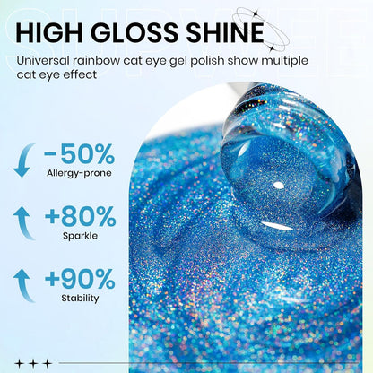 Blue Holographic Gel Nail Polish with Magnetic Rainbow Cat Eye Gel Nail Polish Cateye Glitter Nails Polishes Gels Iridescent Effect for Home DIY Women Girls