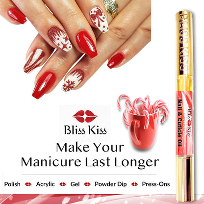 Bliss Kiss | 1 Candy Cane Fragrance | Nail Oil Cuticle Pen w/Vitamin E & Jojoba⏤Nail Strengthener Nail Growth Serum for Brittle Peeling Breaking Thin Nails