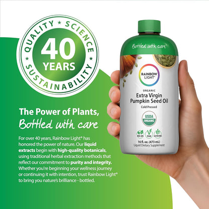 Rainbow Light Organic Extra Virgin Pumpkin Seed Oil | Cold Pressed Liquid Extract | Potent Source of Omega 6 and 9 Fatty Acids | Non-GMO and Gluten Free Supplement | 16 Fl Oz