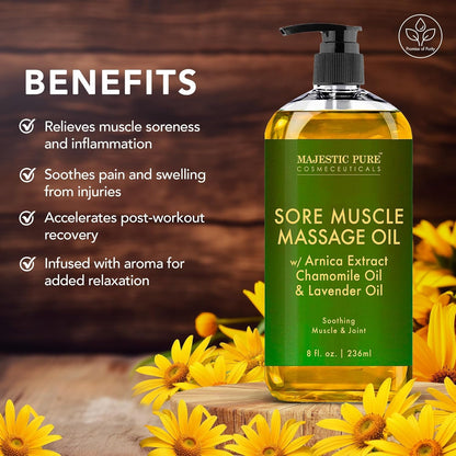 MAJESTIC PURE Arnica Sore Muscle Massage Oil for Massage Therapy - Refreshing, and Relaxing - Natural Oils with Lavender & Chamomile Essential Oils - for All Skin Types - Men and Women - 8 fl oz
