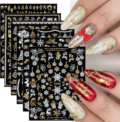 9 Sheets Christmas Nail Art Stickers Decals Self-Adhesive Pegatinas Uñas Gold White Nail Supplies Nail Art Design Decoration Accessories
