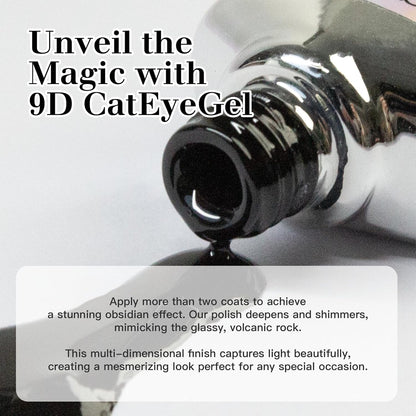 9D Cat Eye Gel Nail Polish Set, 15ml Obsidian Black Cat Eye Gel, Includes Silicone Handle Cylinder Magnetic Stick for Mesmerizing 9D Effects