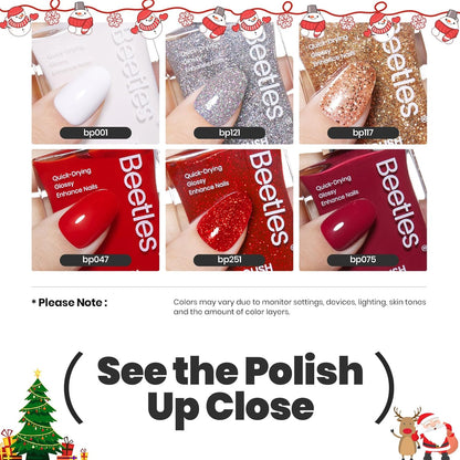 Beetles Red Nail Polish: 6Pcs Glitter Burgundy Red Sparkle Nail Polish Set, Quick Dry & Long Lasting Brilliant Overture White Silver Diy 4th of July Nail Art Design Gifts for Women