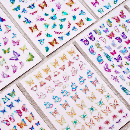 16 Sheets Butterfly Nail Art Stickers 3D Colorful Butterfly Self-Adhesive Design Nail Decals Pegatinas Uñas Holographic Laser Butterfly Nail Supplies for Women Acrylic Nail Art Decoration Accessories