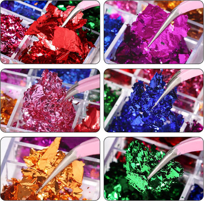 5 Boxes 60 Colors Holographic Nail Glitter Foils Kit, Nail Foil Flakes Laser, 3D Irregular Thin Foil Nail Art Flakes Design Nail Sequins Supplies for Manicure Body Makeup Craft DIY