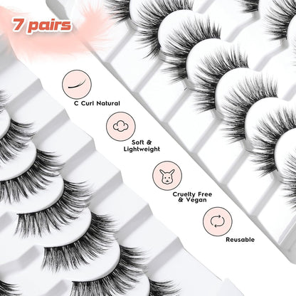 Lashes Wispy False Eyelashes Natural Volume Fluffy Lashes 12MM Strip Eyelashes with Thin Band C Curl Eyelashes False Eye Lashes Pack 7 Pair Siligli