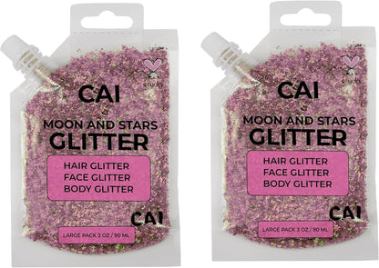 Face, Body & Hair Glitter Gel – Halloween Glitter for Kids and Women – 3 Oz Cosmetic-Grade Gel w/Moon & Stars for Festivals & Halloween Party, Easy Apply & Wash Off - Rose 2Pack