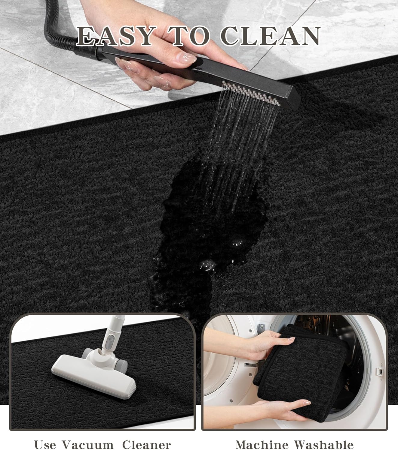 chakme Bathroom Rugs Mat 47x17, Ultra Thin Non Slip Bath Mat Quick Dry Absorbent Bath Mat for Bathroom Floor, (Black, 47"x17")