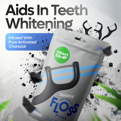 SmartLifeco Eco-Friendly Dual-Thread Dental Floss Picks (200ct) - Flossers Made with Straw Wheat Blend, Natural Teeth Whitening, Tooth Pick Stick for Adults, Activated Bamboo Charcoal Floss Thread