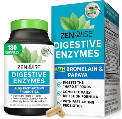 Zenwise Health Digestive Enzymes for Gut Health & Bloating Relief - Multi Enzymes Digestion Supplement with Probiotics, Bromelain & Papaya for Digestive Health Support - Men & Women - 180 Count