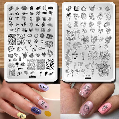 Abstract Lady Face Pattern Nail Stamping Plates Set 2pcs Flower Leaf Graffiti Fun Nail Stamper Plate Figure Rose Star Heart Nail Stamp Plates Geometry Graffiti Striped Nails Art Template Plates Mold