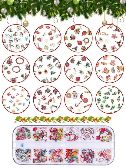 Kalolary 2 Boxes Christmas Nail Art Sequins Sticker, 3D Santa Claus Snowflake Elk Decals for Acrylic Nails, Christmas Tree Wood Pulp Glitter Flakes for Winter Nail Art Decorations
