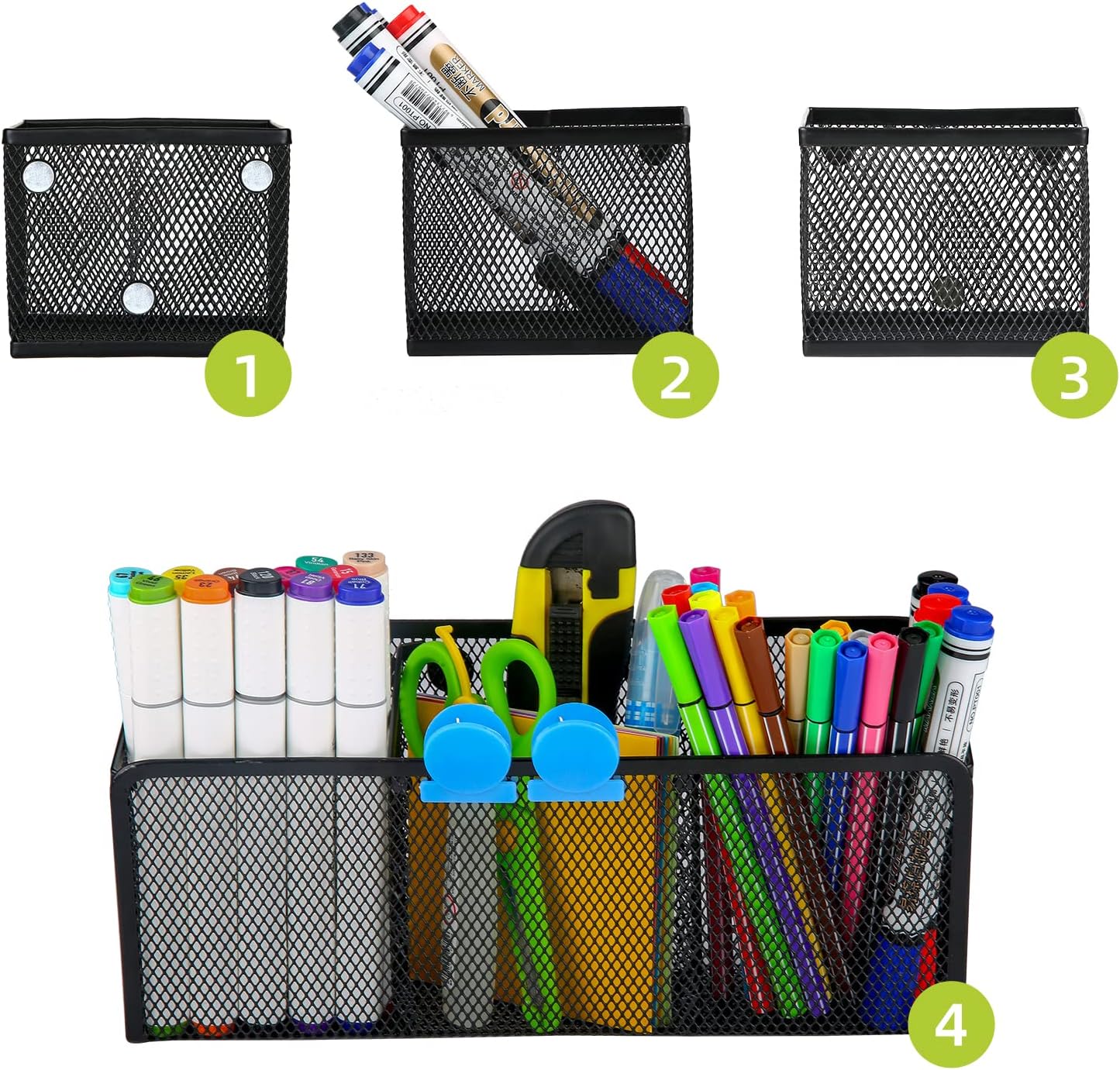 Neudeco Magnetic Pencil Holder, Locker Shelf Organizer, Metal Storage Basket for Whiteboard, Refrigerator, Ideal Cabinet for School, Black (Pack 4)