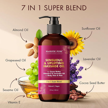 MAJESTIC PURE Cocoa Massage Oil for Massage Therapy - Refreshing, and Relaxing - Natural Oils with Cocoa Butter, Vitamin E & Lavender Oil - for All Skin Types - Men and Women - 8 fl oz